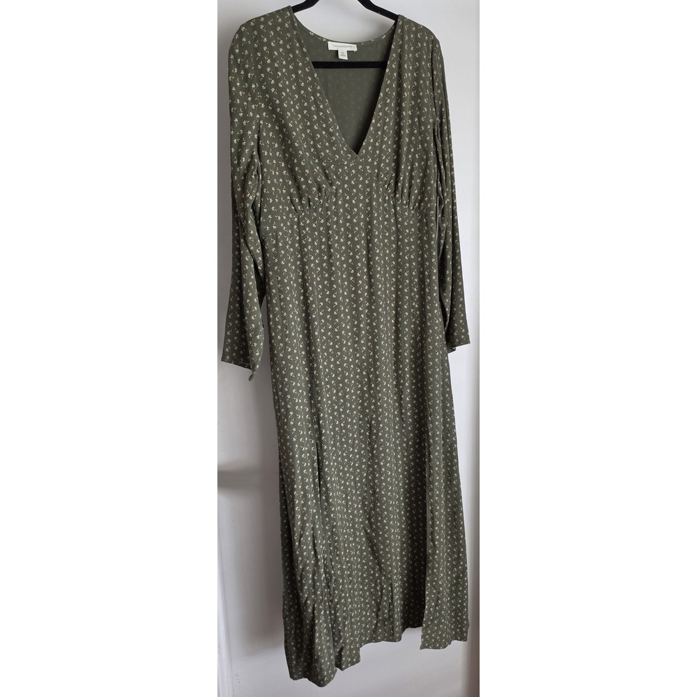 Treasure & Bond Maxi Dress XL Green Floral Boho Long Sleeve V-Neck Modest Gown
